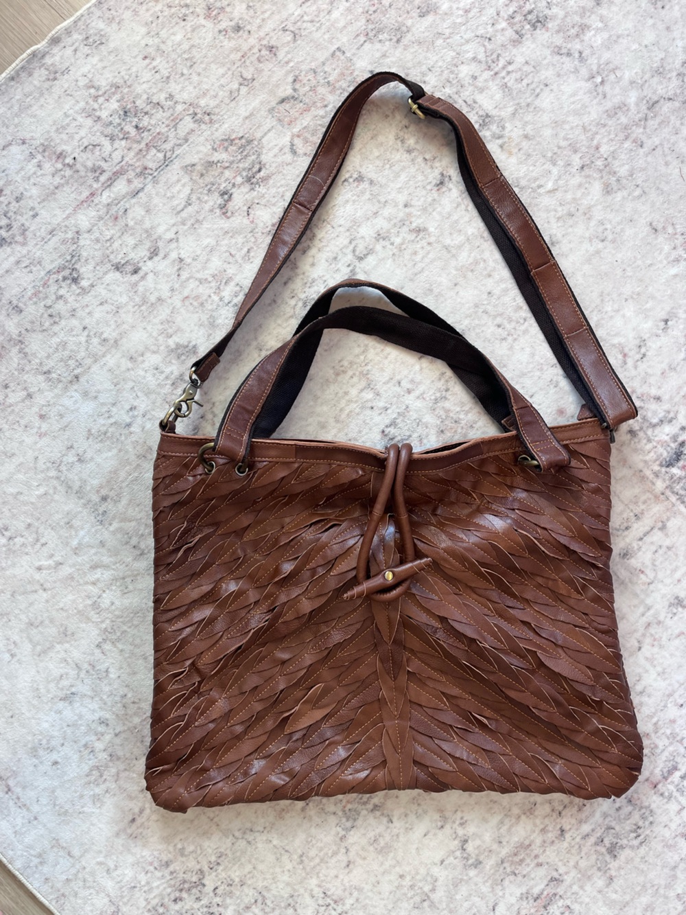 Woven Leather Tote in Brown with Detachable Strap